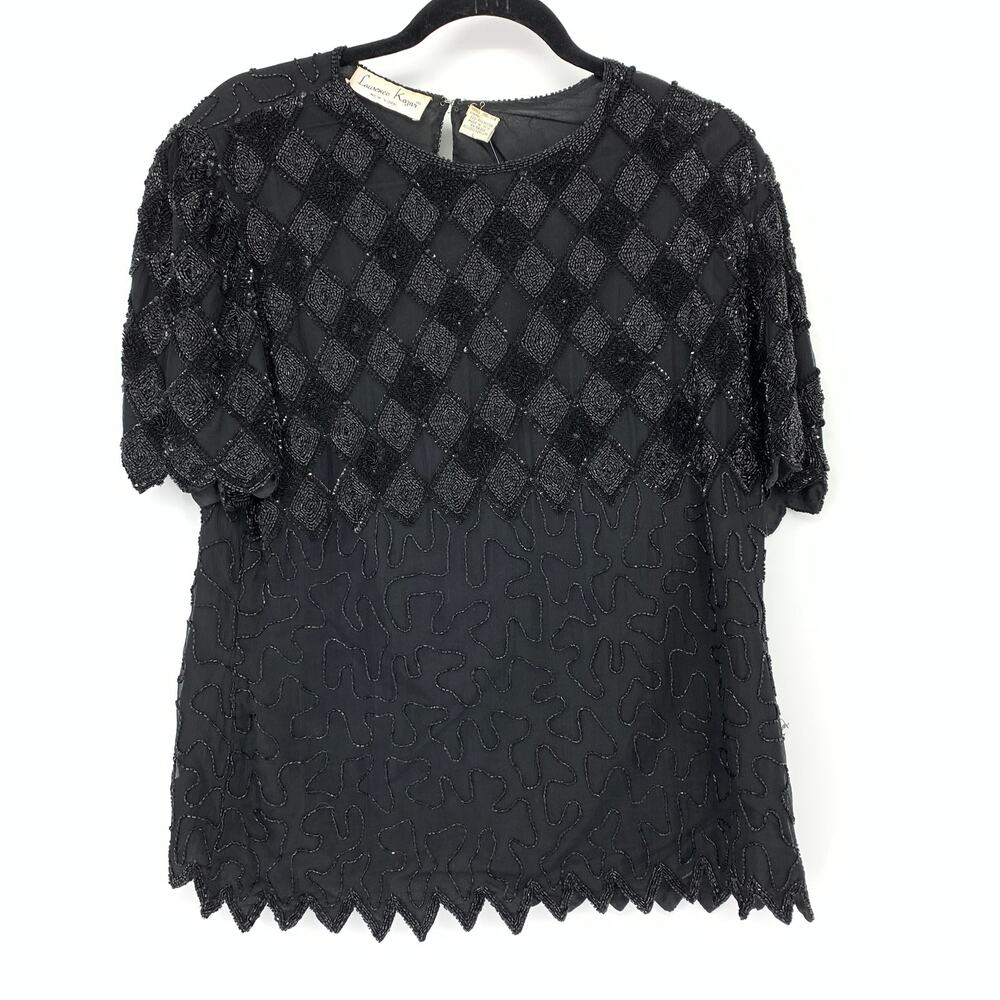 Laurence Kazar Top Womens L Black Silk Beaded Sequin VTG Short Sleeve Evening